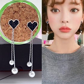 Wholesale Korean Pearl Blue Crystal Love Heart Tassel Long Drop Earrings for Women Fashion Drop Earring Charm Luxury Jewelry Pendientes VGE167