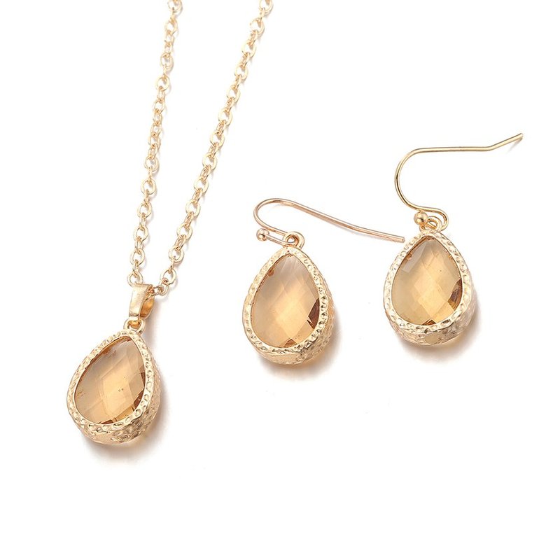 Wholesale Trendy Antique Gold Water Drop Beige Glass Jewelry Set TGCJS030