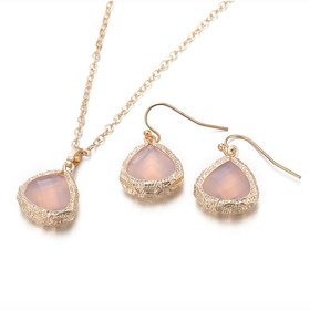 Wholesale Trendy Antique Gold Heart Pink Glass Jewelry Set TGCJS038