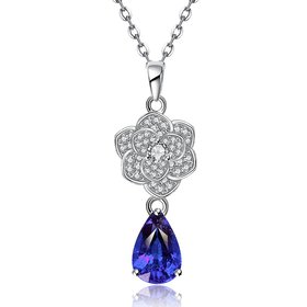 Wholesale Romantic Platinum Plated big blue water drop crystal pendant dazzling pave zircon flower nacklace fine wedding party jewelry  TGGPN191