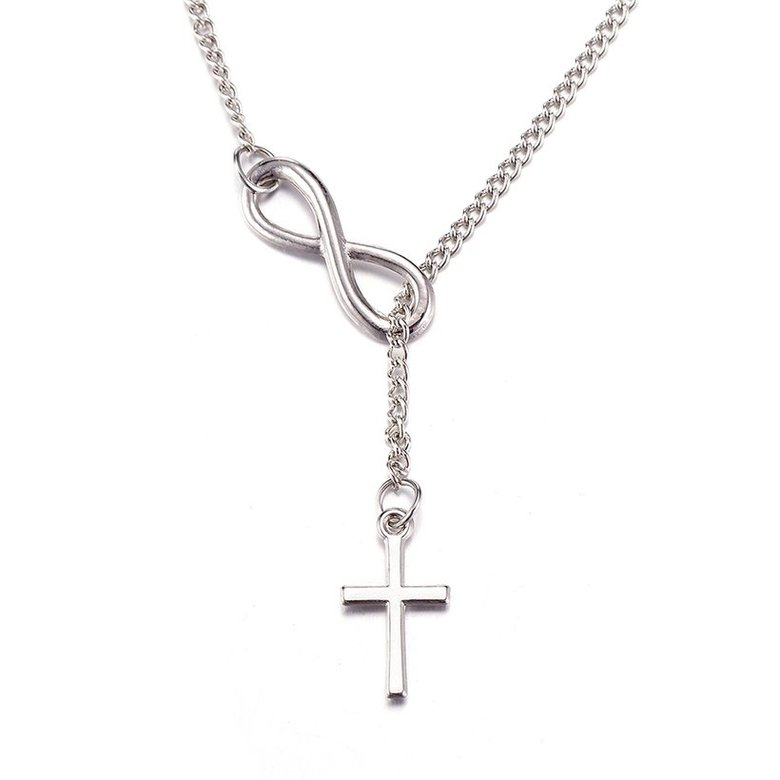 Wholesale Trendy Imitation Rhodium Cross Silver Alloy Necklace Simple Lucky Number 8-Character Cross Short Necklace Jewelry  TGGPN229