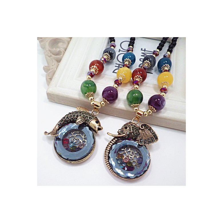 Wholesale Fashion Vintage Elephant and fish Pendant Necklace Woman Men bead Jewelry Shiny Glass Crystal sweater chain VGN046