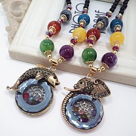 Wholesale Fashion Vintage Elephant and fish Pendant Necklace Woman Men bead Jewelry Shiny Glass Crystal sweater chain VGN046