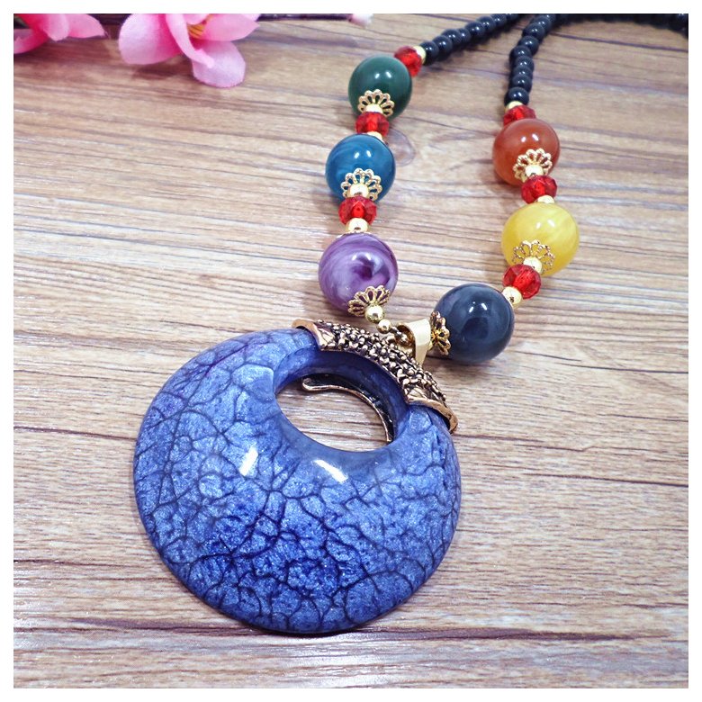 Wholesale Retro Bohemia Blue circle droplet Necklace For Woman Big Pendant sweater chain  Fashion Jewelry VGN053