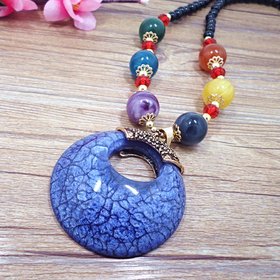 Wholesale Retro Bohemia Blue circle droplet Necklace For Woman Big Pendant sweater chain  Fashion Jewelry VGN053