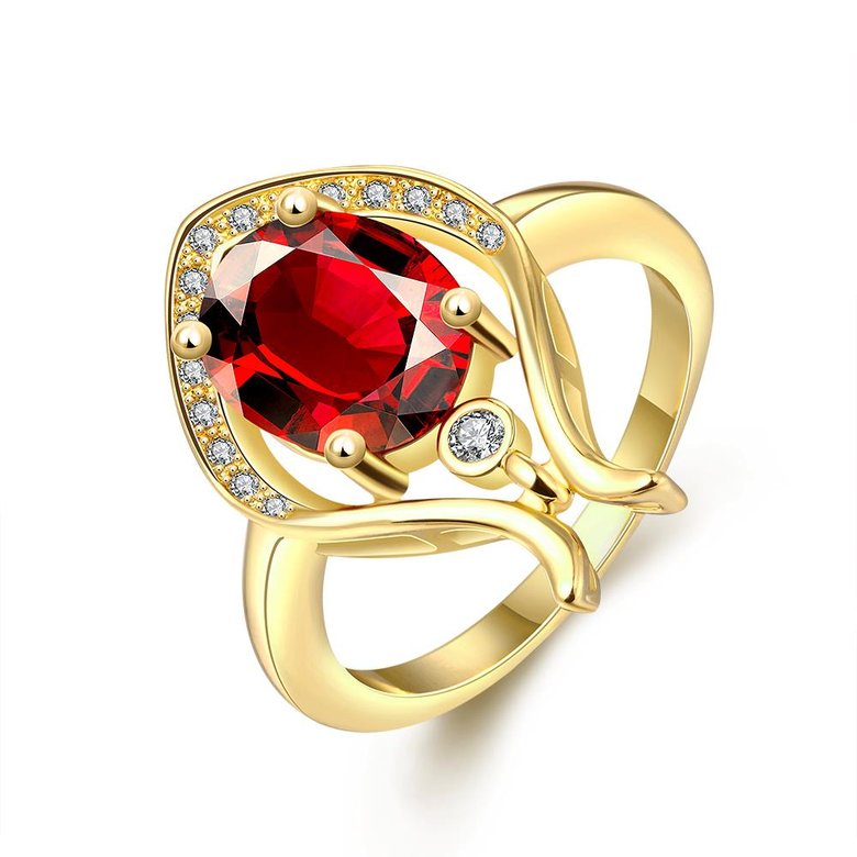 Wholesale European and American Ring Plated 24K Gold color Love water drop Red Crystal Proposal Ring for Women Jewelry Engagement Ring TGCZR461