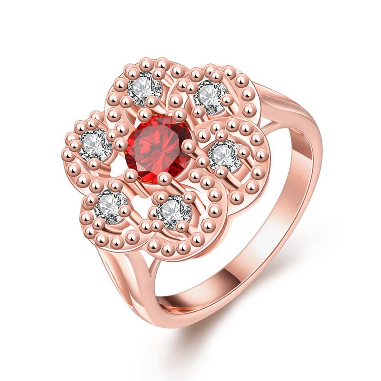 Wholesale New Luxury Flower Design Red&white Crystal Rings For Women Creative rose Gold Color Ring Wedding Anniversary Jewelry TGCZR400