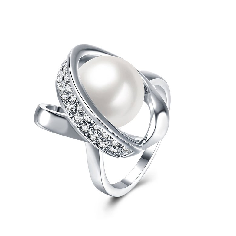 Wholesale Romantic Platinum Round White pearl zircon Ring Beautiful Shinning Party weddingJewelry TGPR016