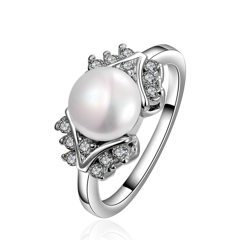 Wholesale Fashion Romantic Platinum rings Natural white Pearl Retro Good Quality Ring For Women wedding ball jewelry Drop Shipping TGPR010