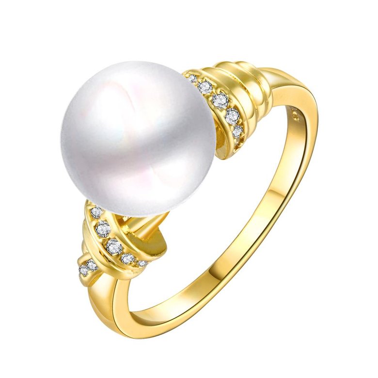 Wholesale Popular Classic 24K Gold Round White pearl zircon Ring For Women Wedding Party Cute Fine Jewelry Accessories TGPR013