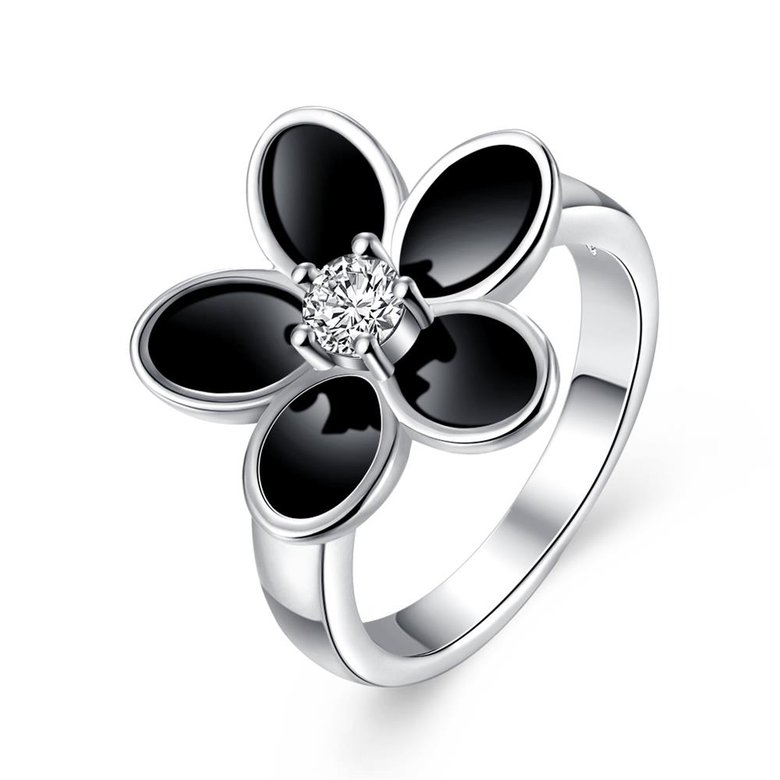 Wholesale Antique Silver Color Enamel Ring With Black Crystal Flower Rings For Women Romantic Vintage Jewelry Christmas Gift TGSPR148